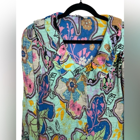 Art To Wear Rouched Long sleeve Button Front Alberto Makali Floral Blouse Size S - Picture 3 of 10